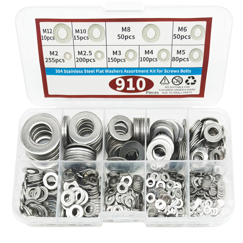 910/200pcs 304 스테인레스 스틸 플랫 와셔 구색 키트 (M2 M2.5 M3 M4 M5 M6 M8 M10 M12) 홈 장식에 적합
