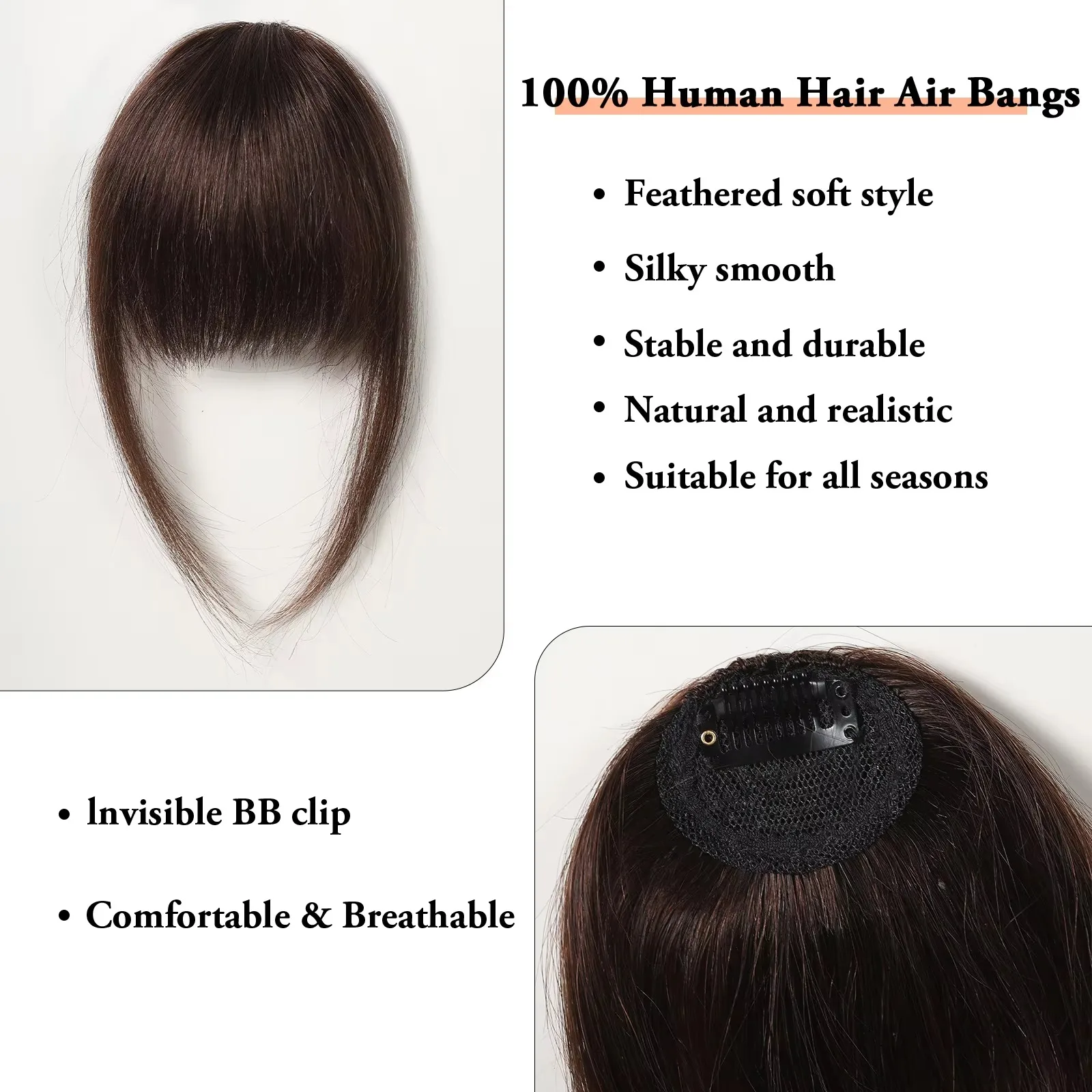 100% 人毛前髪ナチュラルブラウンうっすらバングヘアクリップ前髪フリンジテンプル付きヘアピース女性用クリップオンエアバング 4.5 インチ