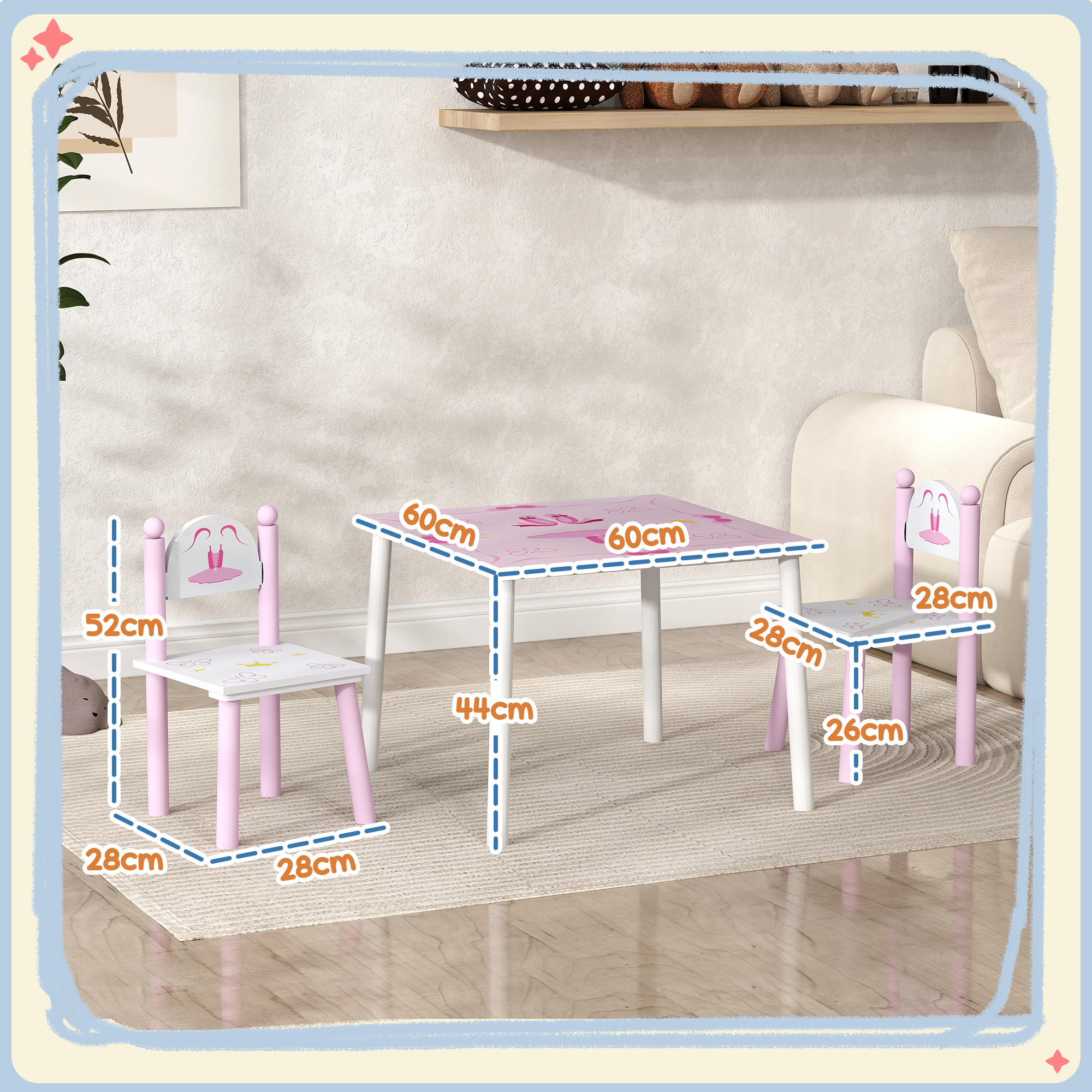 AIYAPLAY Princess Design Toddler Table and Chair Set for Activity, Art, Drawing, for Playroom, Nursery, Pink