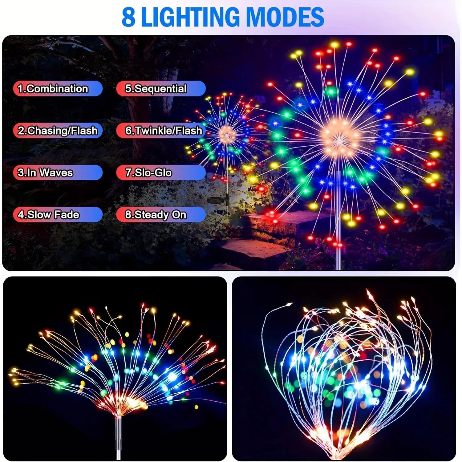Lampe Solaire 90LED en Forme de enquêter d'Artifice, Éclairage d'Extérieur, 8 Modes d'Éclairage, Décoratif, Vacances, DIY