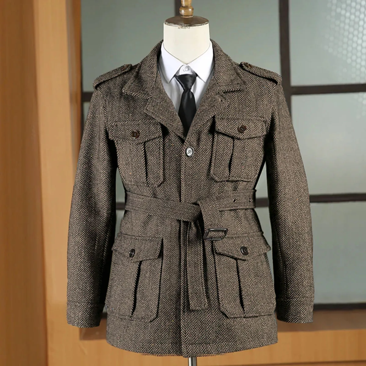 Jagdjacke Britischer Herren-Retro-Sportmantel mit mehreren Taschen und Gürtel, Fischgrätenmuster, Business, lässiger Reversanzug, Blazer, Smoking
