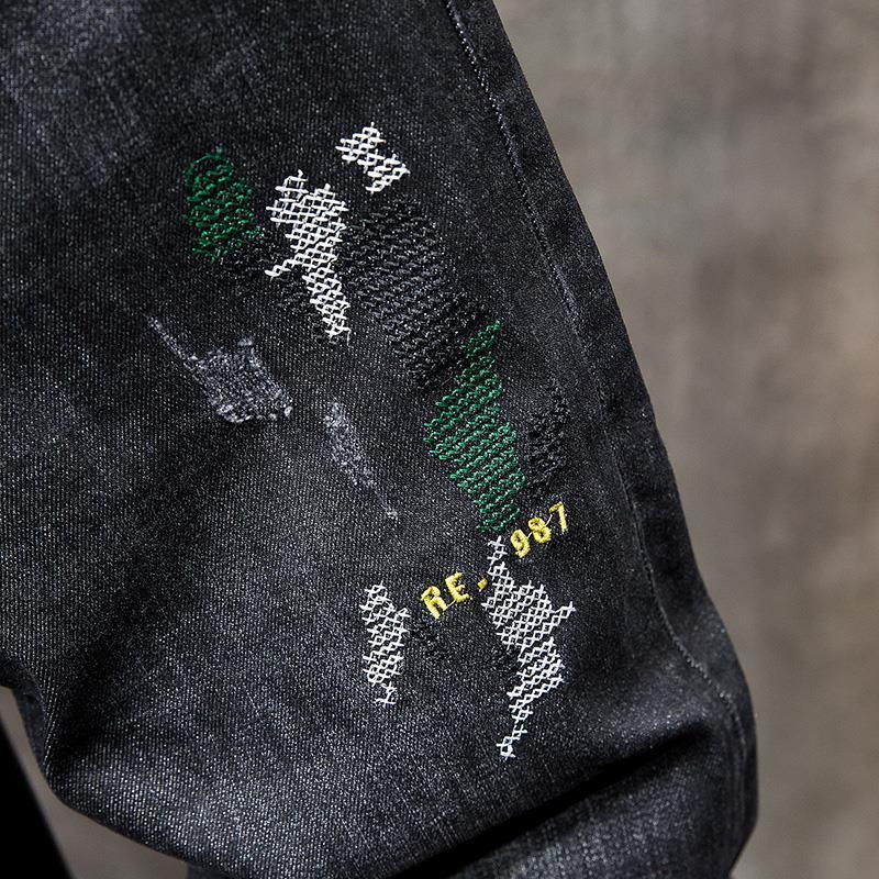 刺denimデニムジーンズ,スリムフィット,ロングパンツ,メンズストリートウェア,ヒップホップ,豪華,韓国スタイル,ファッション,春秋