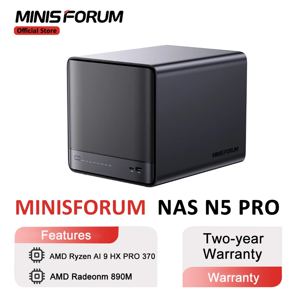 MINISFORUM NAS N5 PRO Mini PC AMD Ryzen AI 9 HX PRO 370 Support DDR5 ECC 144TB Capacity AI Mini PC MinisCloud OS Office/Home PC
