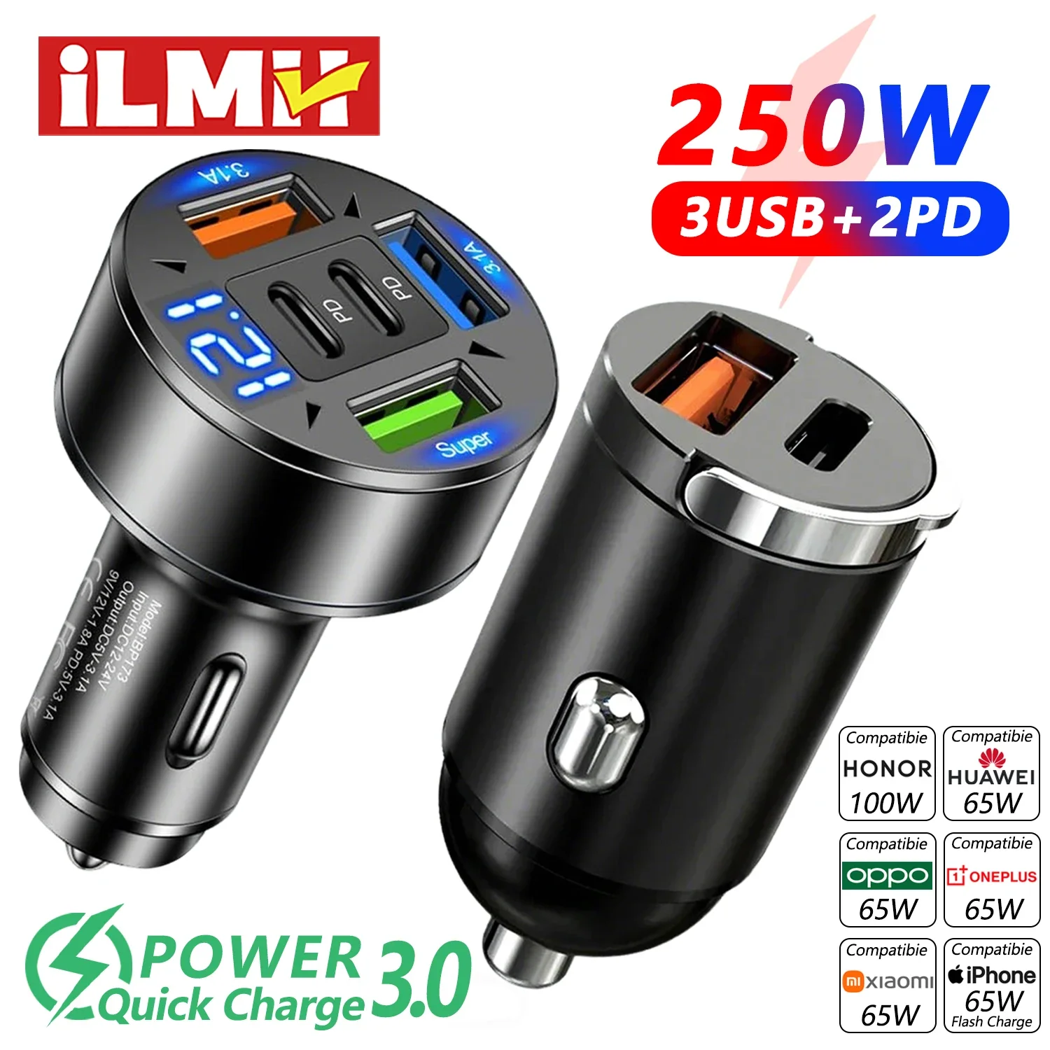​ 250W 5-poorts PD QC3.0 snelle USB-C autotelefoonoplader Type C-adapter in auto met trekring ​ ​   Voor IPhone12-16/Xiaomi/Samsung/Huawei