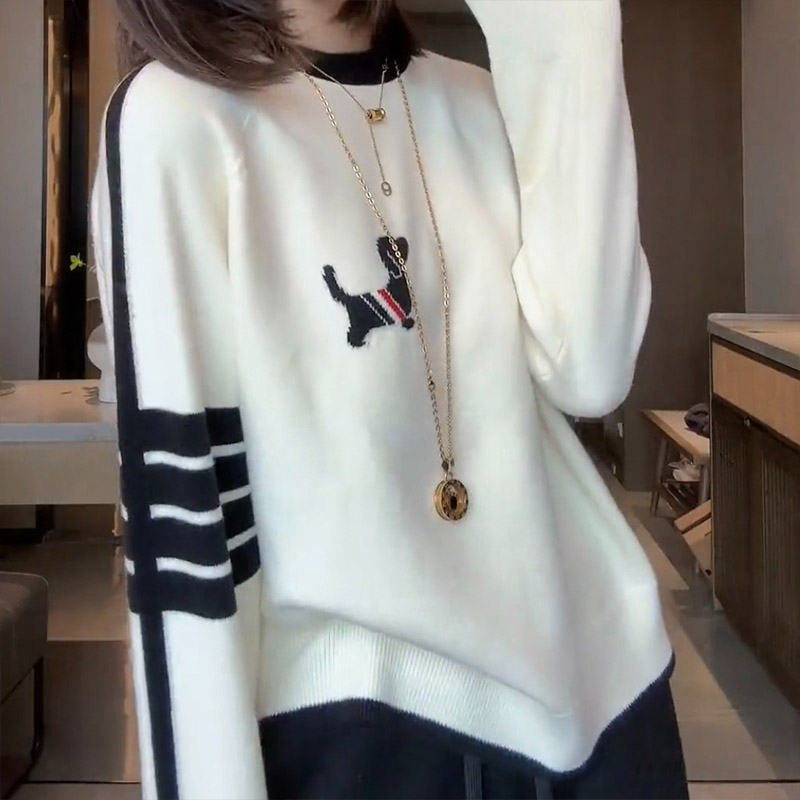 Ropa de mujer, jerséis con cuello redondo que combinan con todo con bordado de cachorros, moda de otoño e invierno, suéteres de punto holgados de manga larga, Tops elegantes y dulces