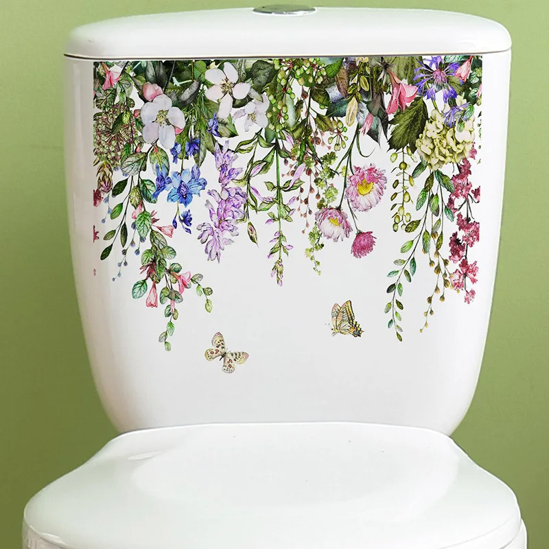 Pegatina de hojas de plantas verdes para baño, taburete de WC, pegatina de pared, Mural autoadhesivo, embellecer flores, calcomanías de decoración del hogar