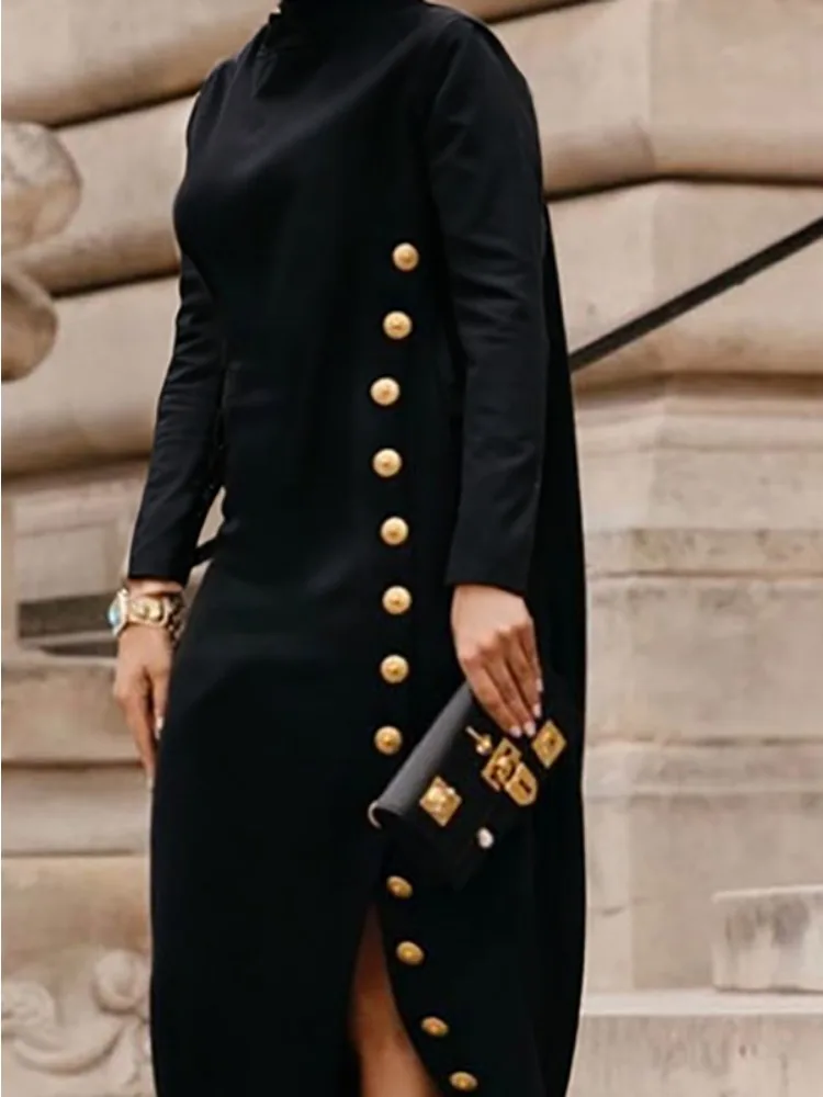 Yeezzi Women's Fashion Buttoned Split-Side High Neck Evening Black Dress 2025 New Long Sleeves Loose Urban Office Maxi Dresses