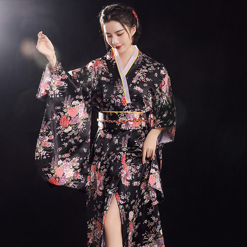 Tradycyjna japońska suknia kimono z Obi kobiety panie Geisha Haori Yukata Kimono suknia garnitur nadruk kwiat przewiewne sukienki kostium