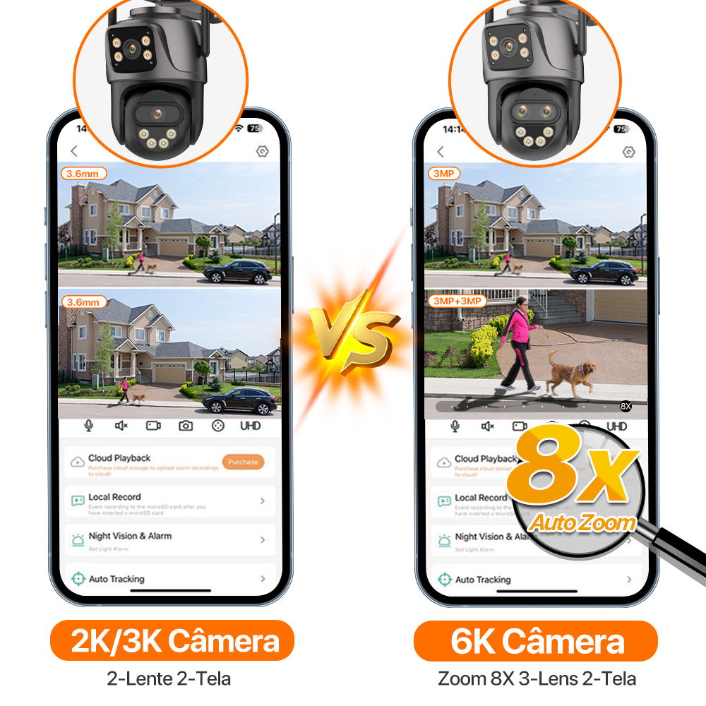 Câmera IP 6K 9MP HD WiFi Câmera externa 8x Zoom Três lentes Tela dupla Câmera PTZ de segurança doméstica 6MP Vigilância por vídeo iCSee