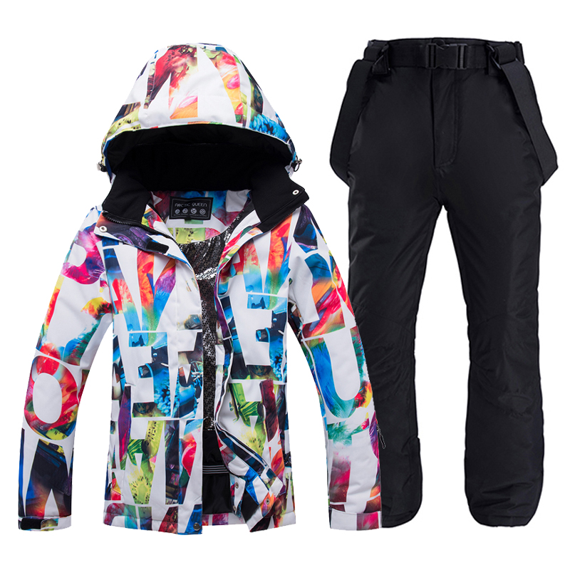 -30, Conjuntos de trajes de nieve para mujer, ropa de snowboard, impermeable, disfraz de invierno, chaqueta de esquí y pantalón con correa, baberos con cinturón para mujer