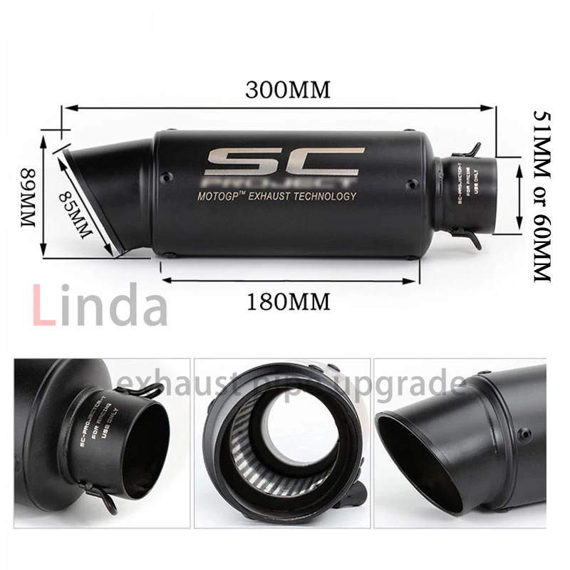 51mm/60mm Db Killer Motorcycle Exhaust Pipe GP Project Exhaust Pipe with Silencer for Kawasaki Z900 Z800 Er6n Sv650 R1 R3 MT03