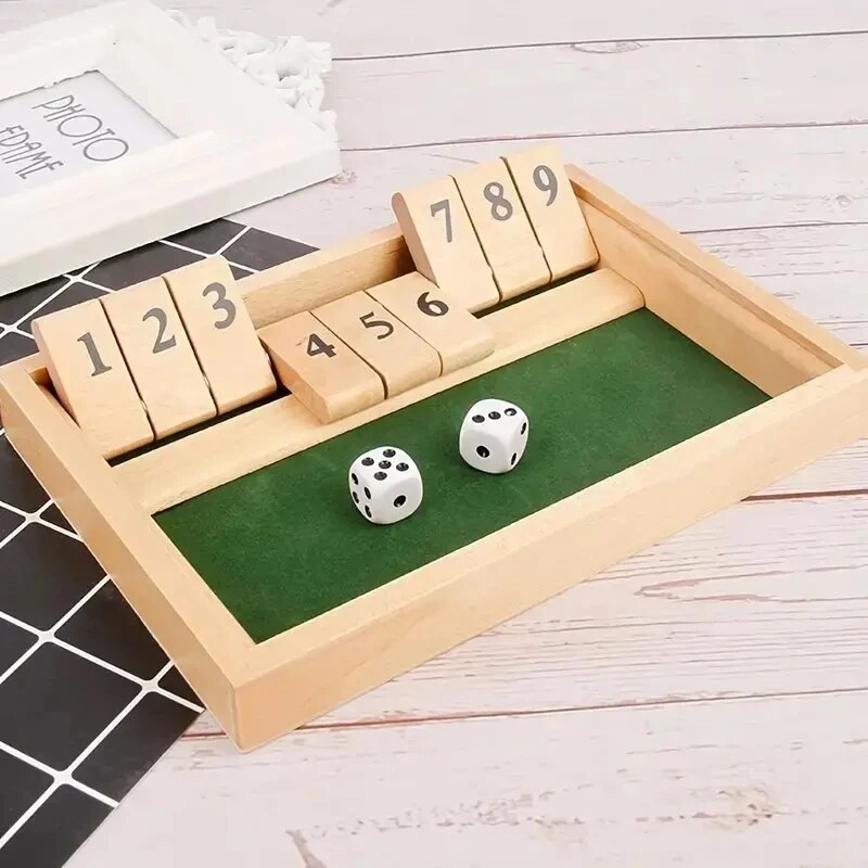 Deluxe vierseitiges 10-Zahlen-Brettspiel-Set „Shut The Box“, Würfel, Party, Club, Trinkspiele für Erwachsene und Familien