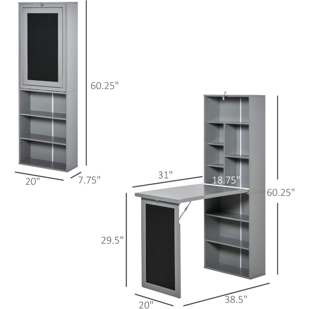 Fold-Out Convertible Writing Table Wall Mount Desk Cabinet with Blackboard and Side Shelf Multi-Function Home Office Work