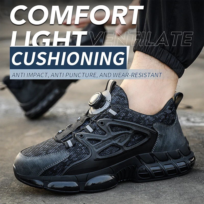 Slack-stab-proof work shoes with elastic buttons and lace-up