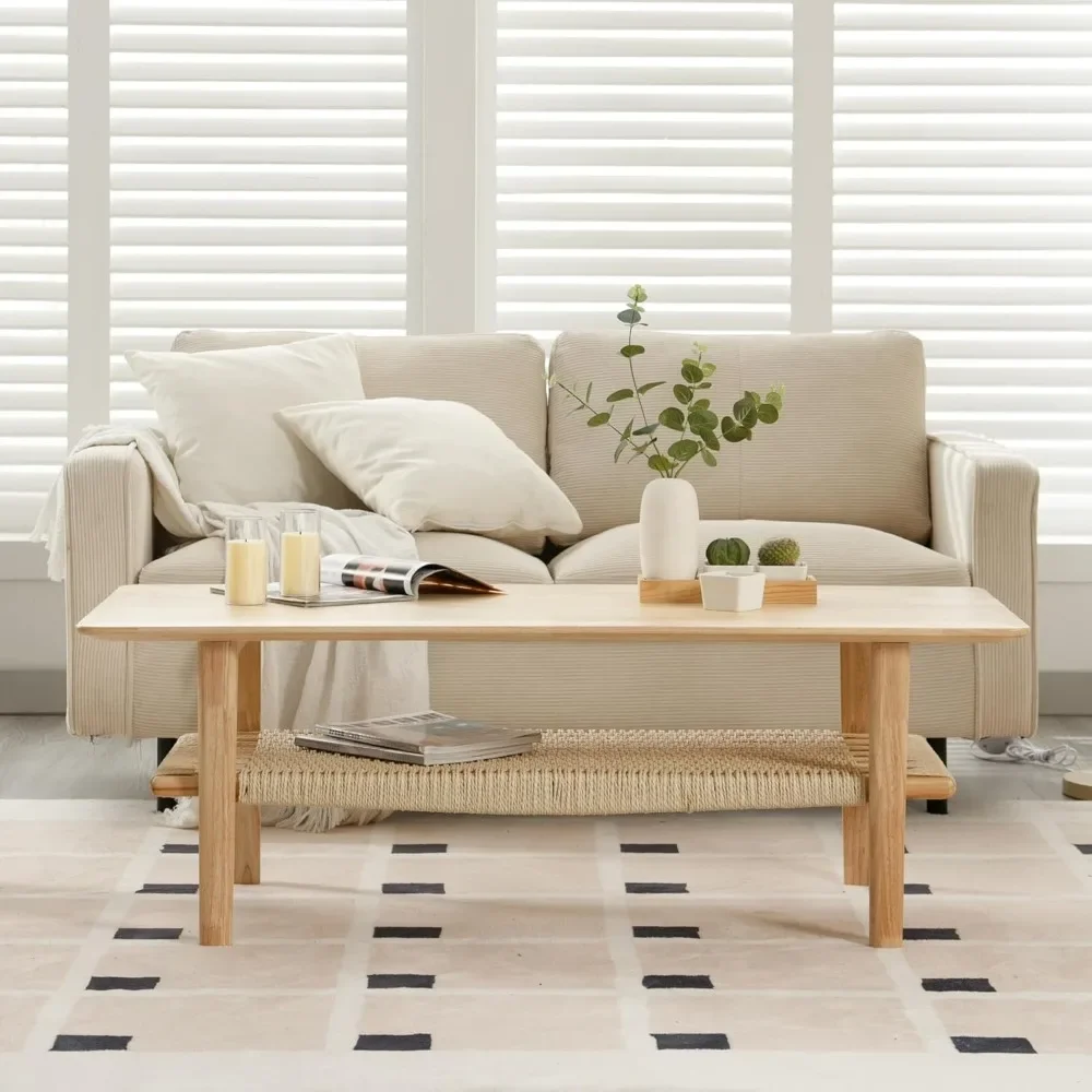 Mesa de centro de fazenda com armazenamento de vime Boho Mid Centry Mesa central moderna com sob prateleira Mesa de sala de estar de madeira
