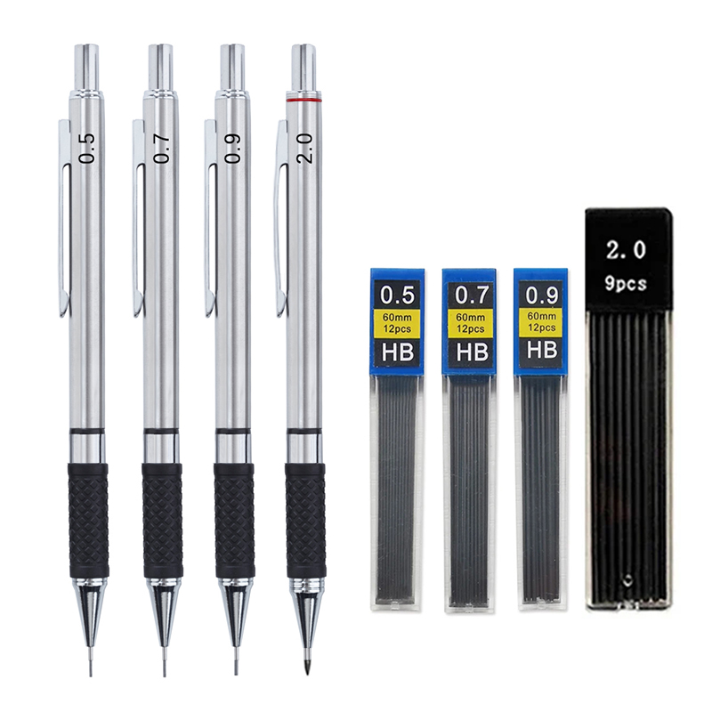 Set di matite meccaniche in metallo con impugnatura per matita Forniture per ufficio per studenti di disegno artistico Matita automatica da 0,5/0,7/0,9/2,0 mm