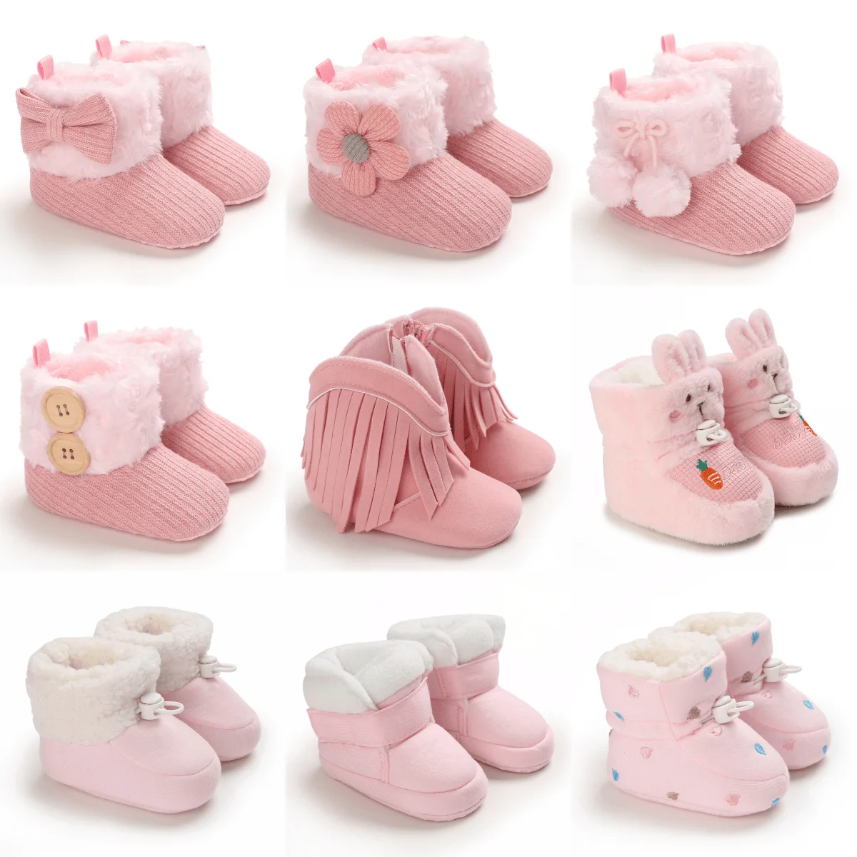 Dicke Winter-Schneestiefel für Babys mit Plüsch, niedlichen rosa pelzigen Baumwollschuhen, warmen, rutschfesten, bequemen Baby-Wanderschuhen