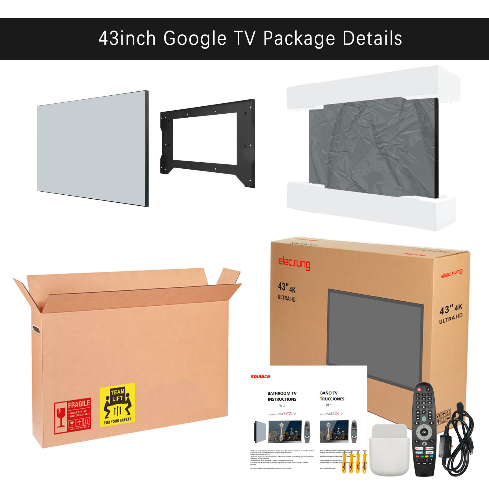 Soulaca-大型のスマートテレビ画面,バスルーム用,ミラーテレビ,消えるipx6,防水,スパ,Googleシステム,wifi,Bluetooth, 43インチ,4k