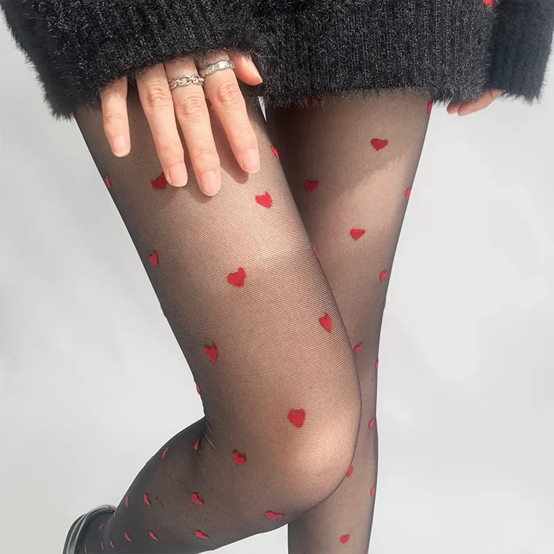 Exquisitas medias de seda con estampado de corazón rojo, regalos de Navidad para niñas, medias de nailon para mujeres, medias seductoras sexis para club nocturno para mujeres