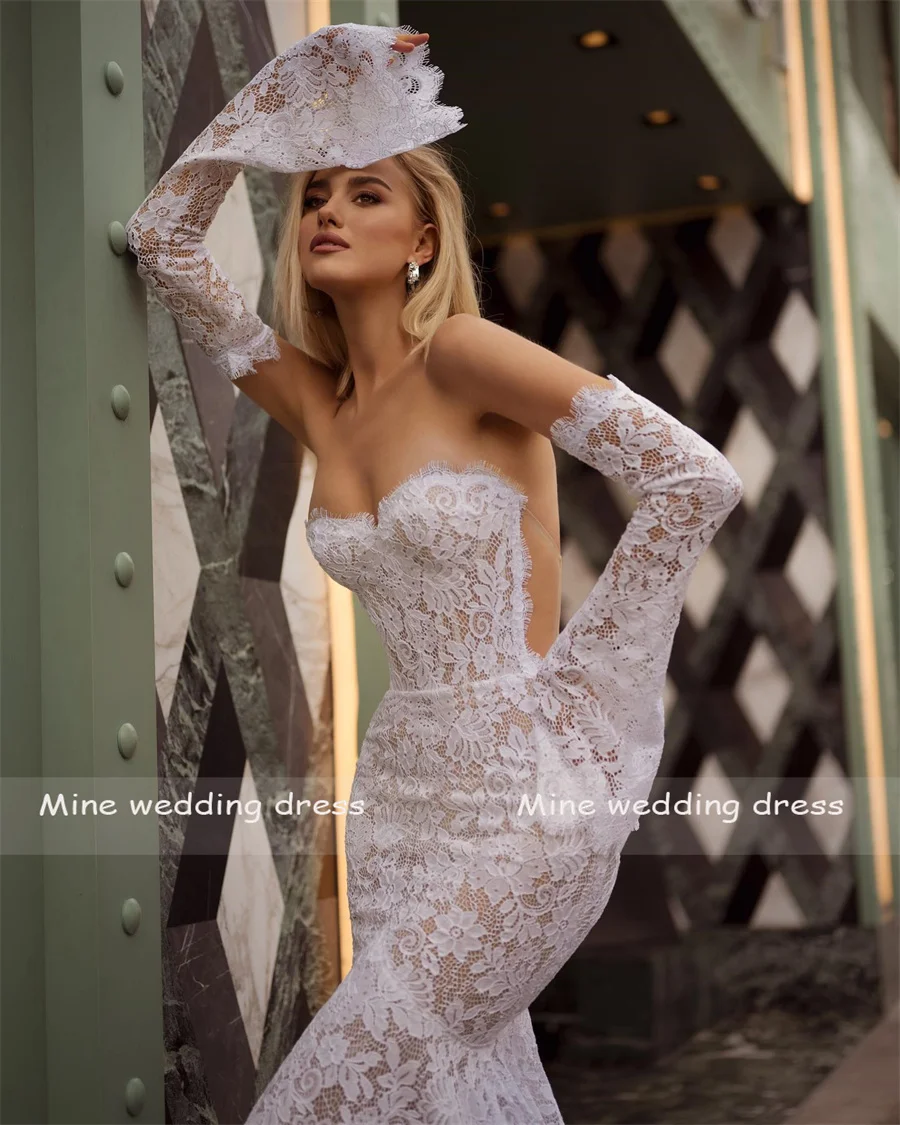 Abiti da sposa in pizzo a sirena con maniche svasate a 3/4 con scollo a cuore personalizzati Abiti da sposa trasparenti e con cerniera senza schienale