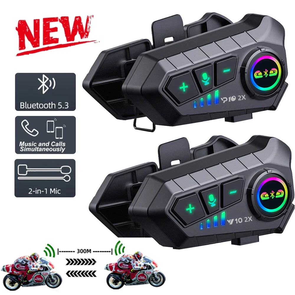 1/2x interfono de música Bluetooth 5,3 casco de motocicleta intercomunicador auriculares impermeable 300m reproducir música y llamadas simultáneamente