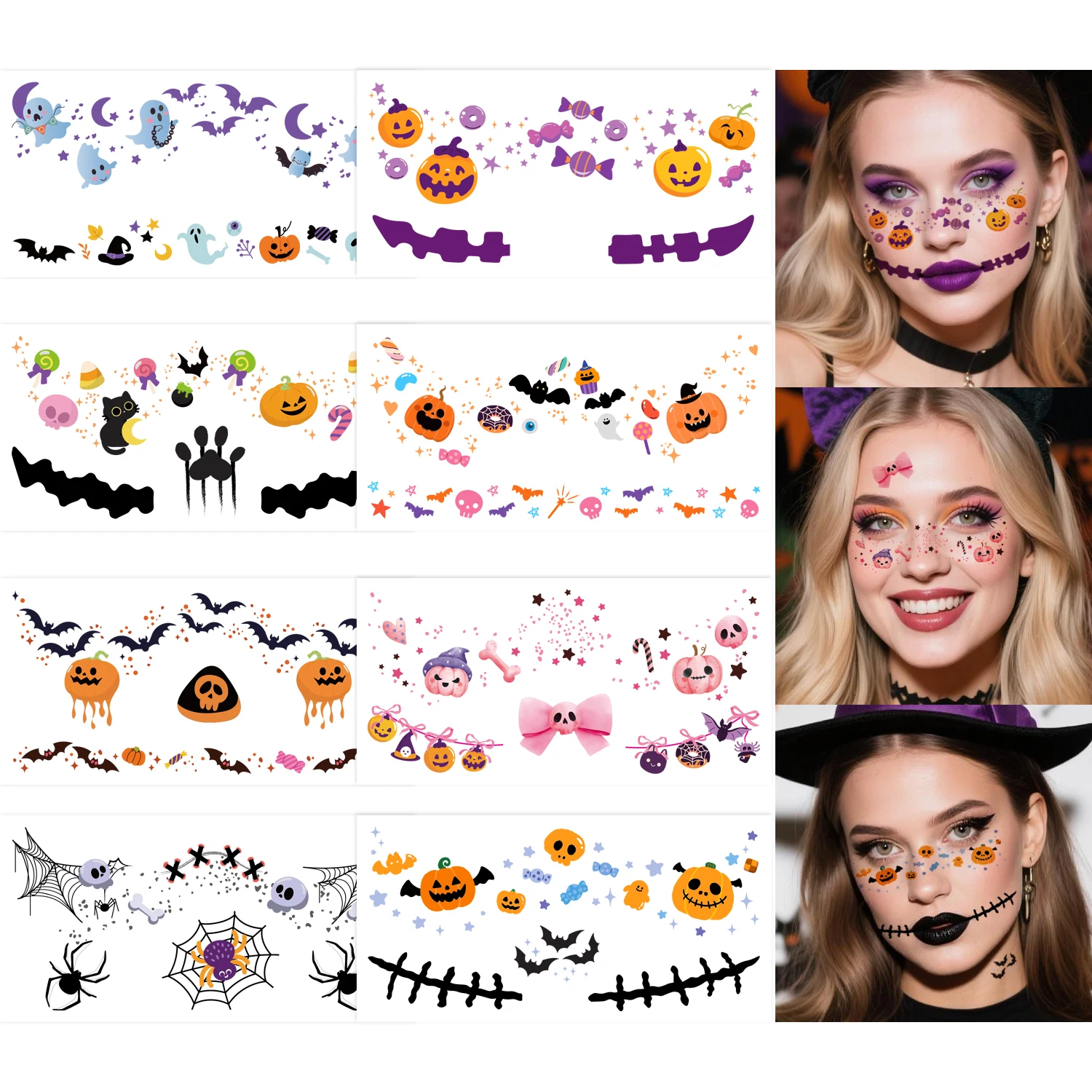 Halloween-Rouge-Gesichtsaufkleber, wasserdicht und leicht zu entfernen, niedliche temporäre Tattoos für Halloween-Party-Make-up-Set, 8 Blatt