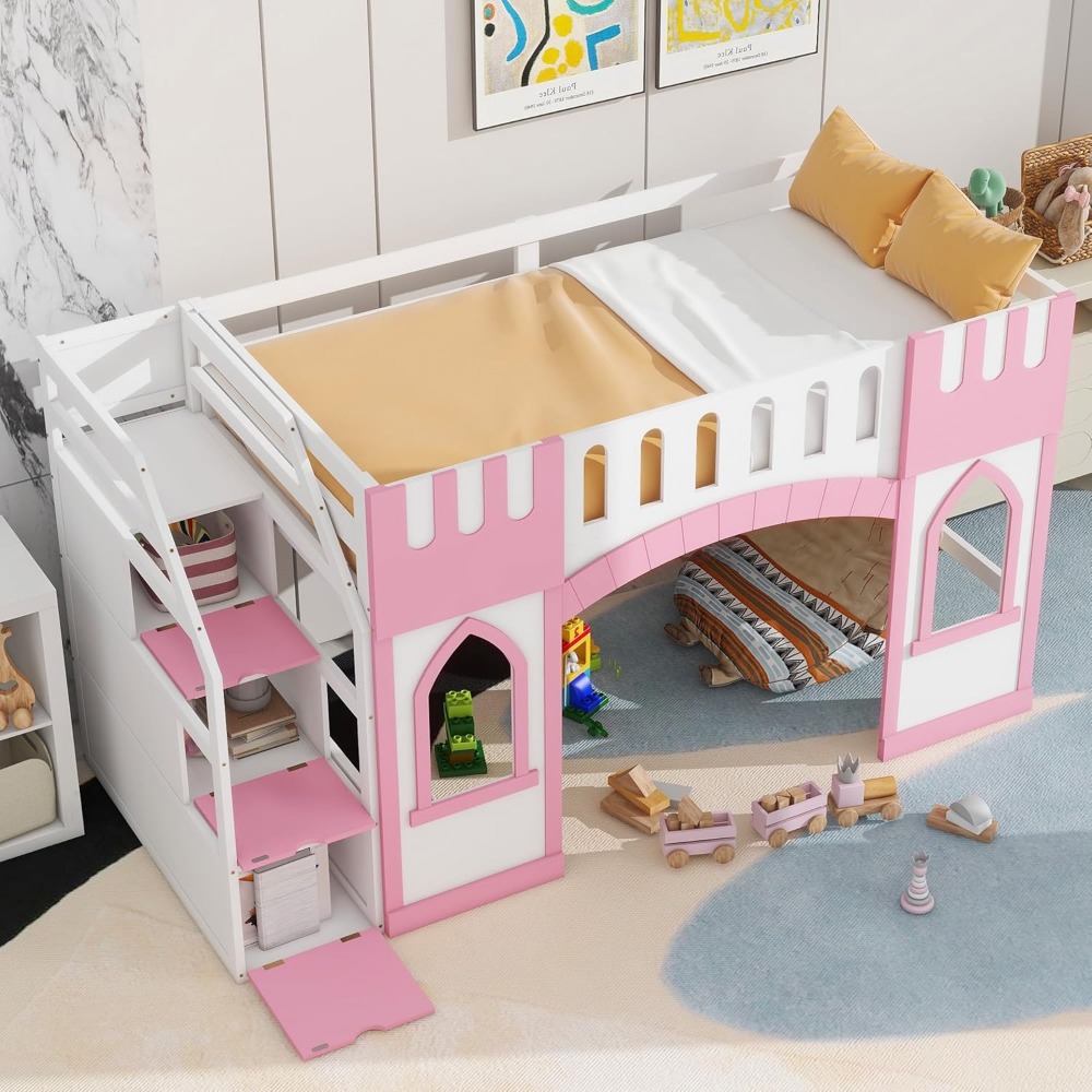 Harper & Bright Designs Twin Size Loft Bed with Storage Staircase and Window, Wood Playhouse Bed Frame with Storage for Boys, Gi