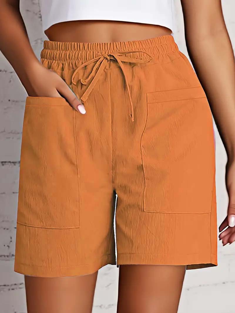 Short d'été taille haute de 4 pouces pour femmes, short décontracté coupe ample avec poches, bermuda de couleur unie pour tenues