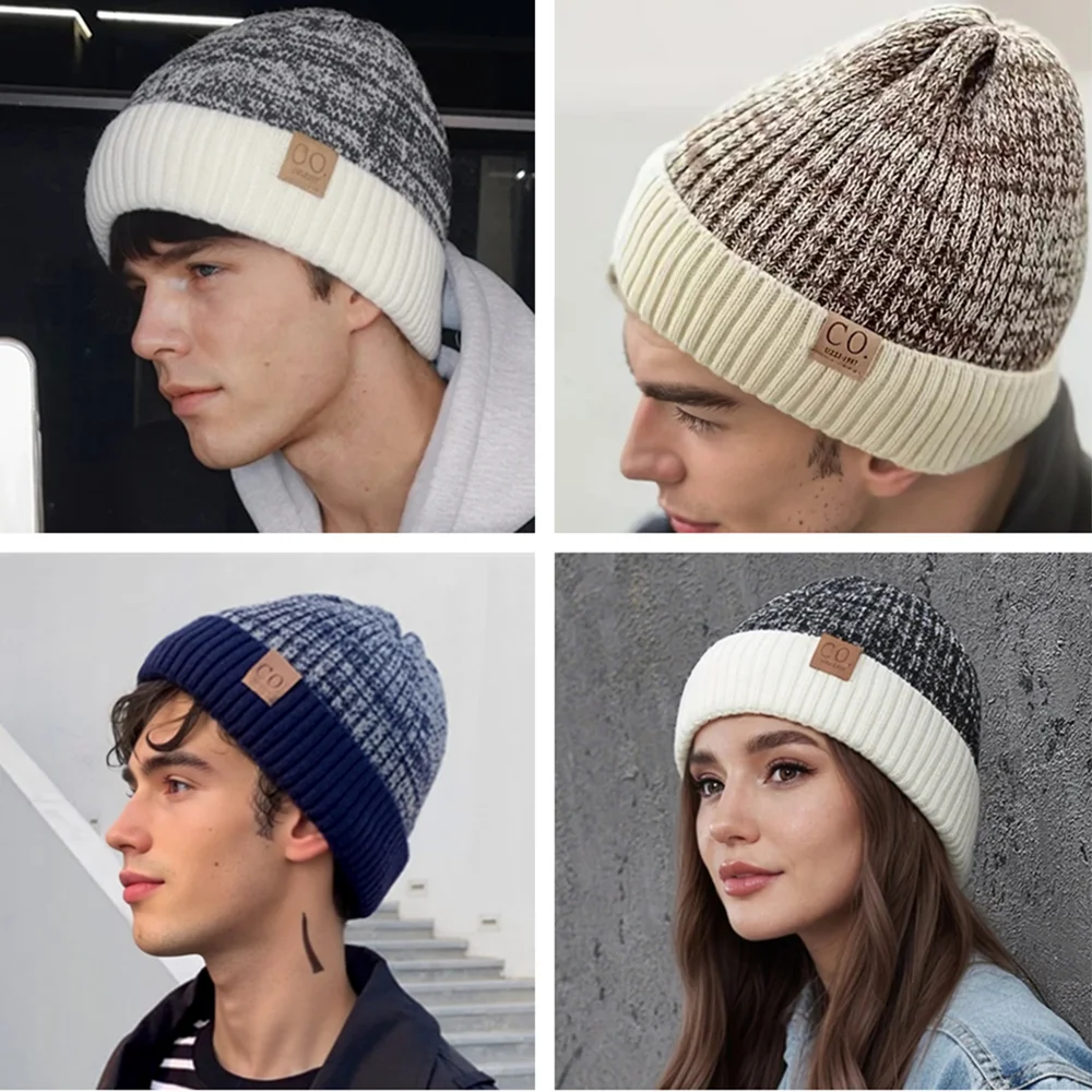 Novos chapéus de inverno unissex de dois tons adicionam forrados de pele homens e mulheres moda gorro quente casual inverno chapéus de malha