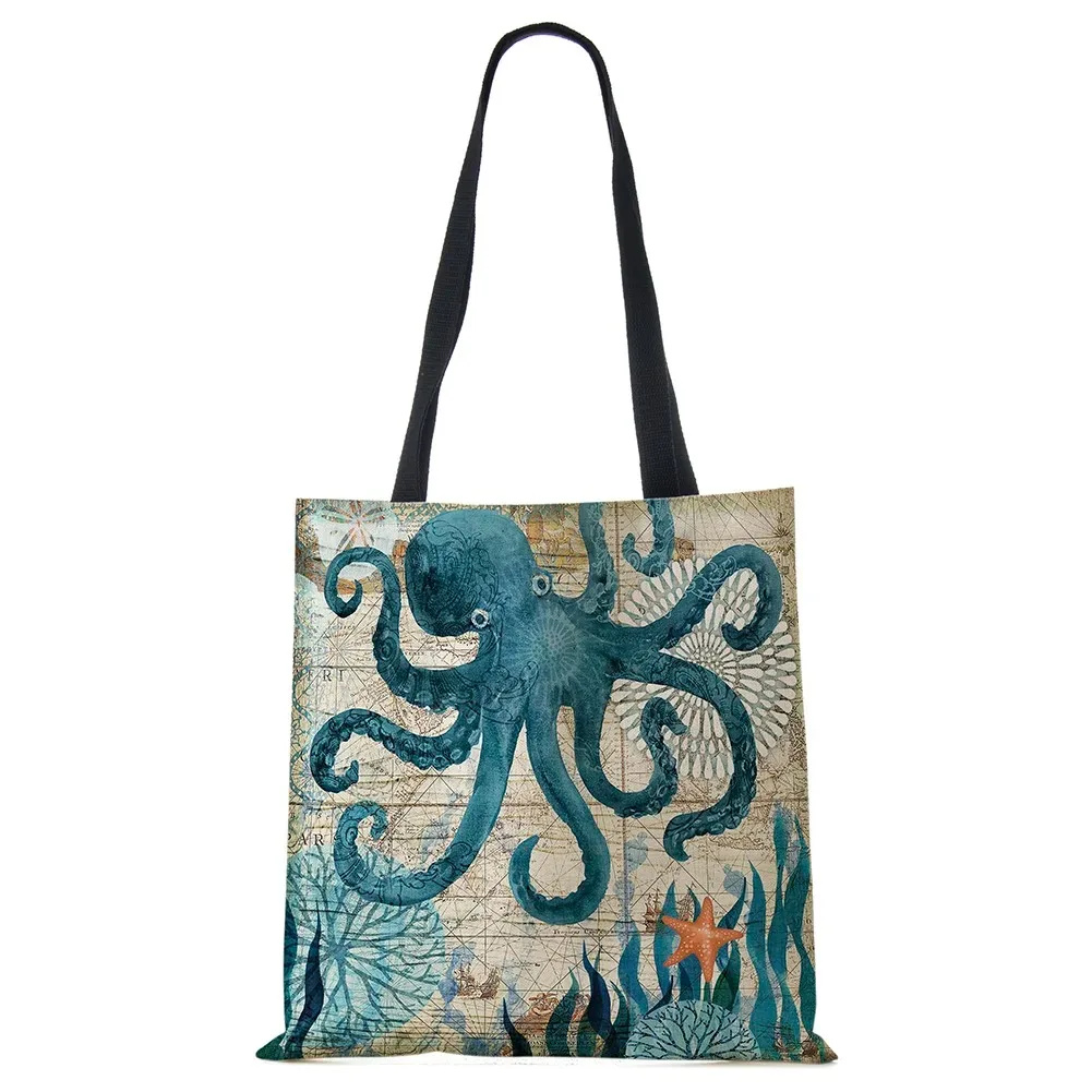 Bolso de mano con estampado de caballito de mar para mujer, bolsos de hombro de viaje, bolsos de compras de lino ecológico con estampado