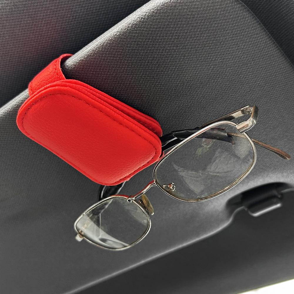 Universal รถแว่นตากันแดดผู้ถือรถแม่เหล็กหนังคลิปผู้ถือบัตร Auto Sun Visor แว่นตากล่องอุปกรณ์ตกแต่ง