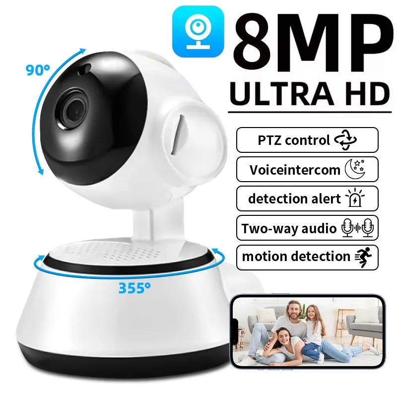 Mini cámara IP inteligente WiFi de 8MP, 4K, inalámbrica, seguimiento automático inteligente, Audio bidireccional, Monitor para mascotas y bebés, cámara de vigilancia para el hogar