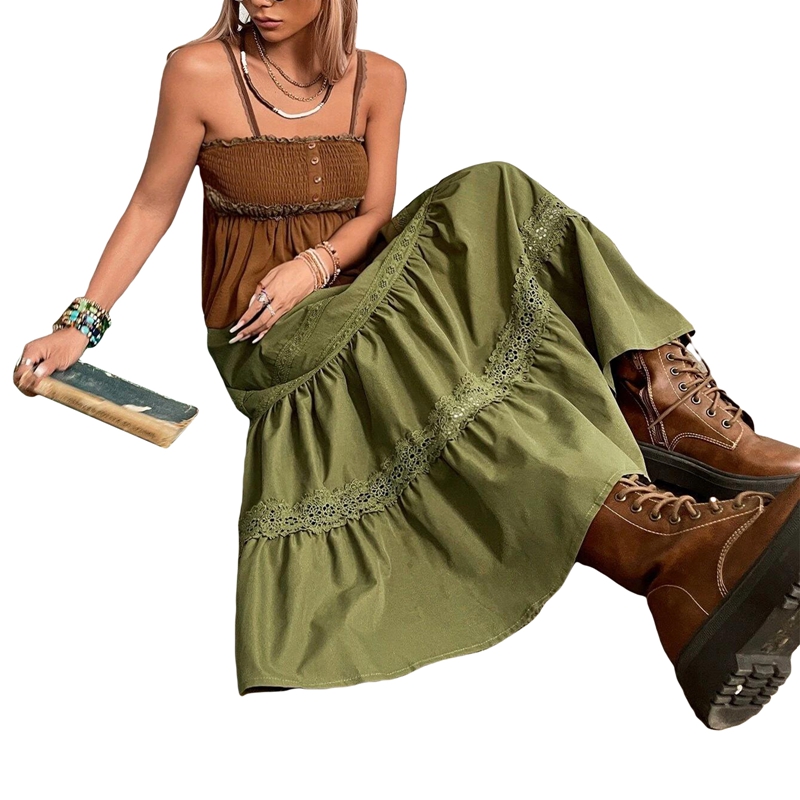 Saias plissadas verdes vintage dos anos 90, moda coreana, férias, boho, cintura alta, saias longas, retrô, y2k, fairycore, roupas fofas de renda