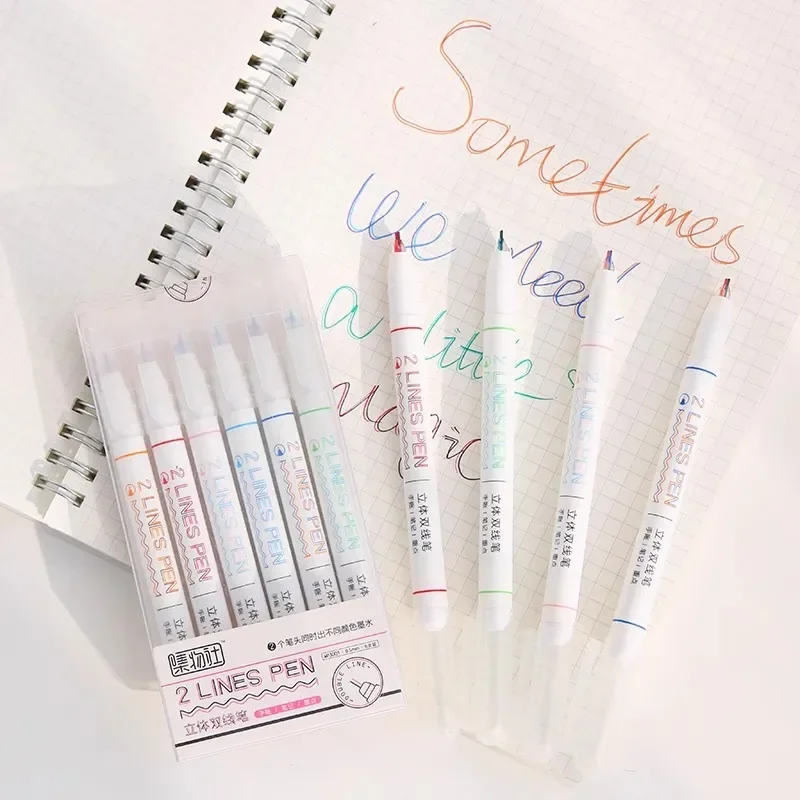 6pcs 2 เส้นสี MARKER ปากกา DIY วาดภาพวาด Graffiti ปากกา 0.5 มม.ปากกาเจล Pigment Liner Highlighter Kawaii เครื่องเขียน