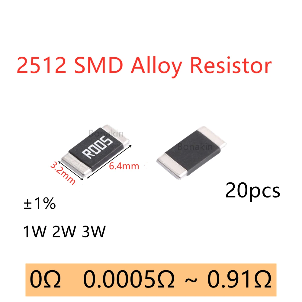 20pcs 2512 SMD Alloy Resistor 2mR 0.005R 0.01R 0.015R 0.02R 0.025R 0.03R 0.04R 0.05R 0.1R 0.15R 0.22R 0.3R 0.5R 0.62R 0.75R0.82R