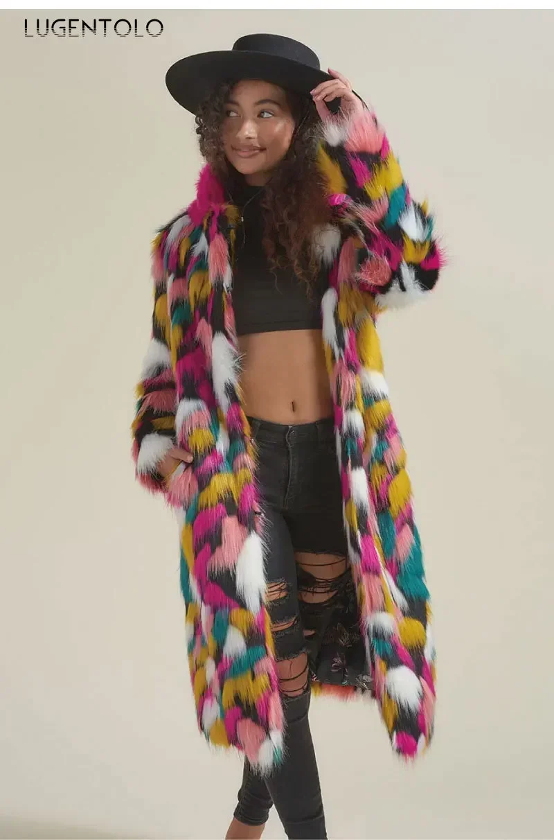 フェイクフォックスファーロングコート,レディースロングコート,レインボー,カラフル,カジュアル,ストリート,暖かい品質,秋冬,2023