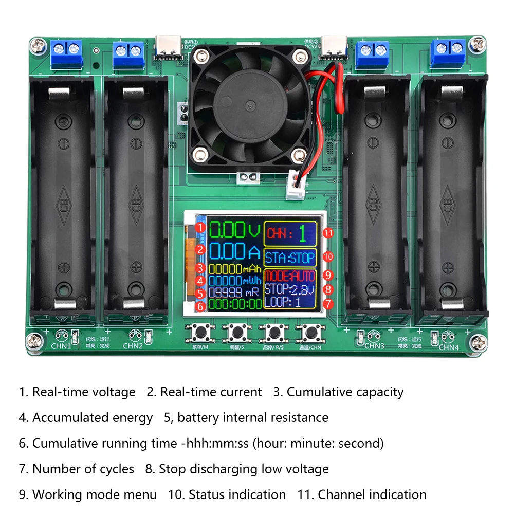 2Ch 4CH จอแสดงผล LCD แบตเตอรี่เครื่องทดสอบความจุ MAh MWh แบตเตอรี่ลิเธียมแบตเตอรี่ดิจิตอลเครื่องตรวจจับ 18650 เครื่องทดสอบแบตเตอรี่ Type-C