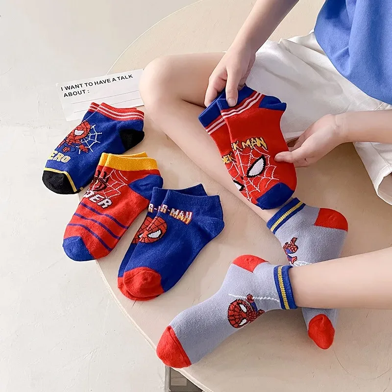 5 Pairs Children Socks Spider-Man Kids Boys Short Socks Iron Man Captain America Cartoon Baby Summer Spring Mesh Socks 1-12Y