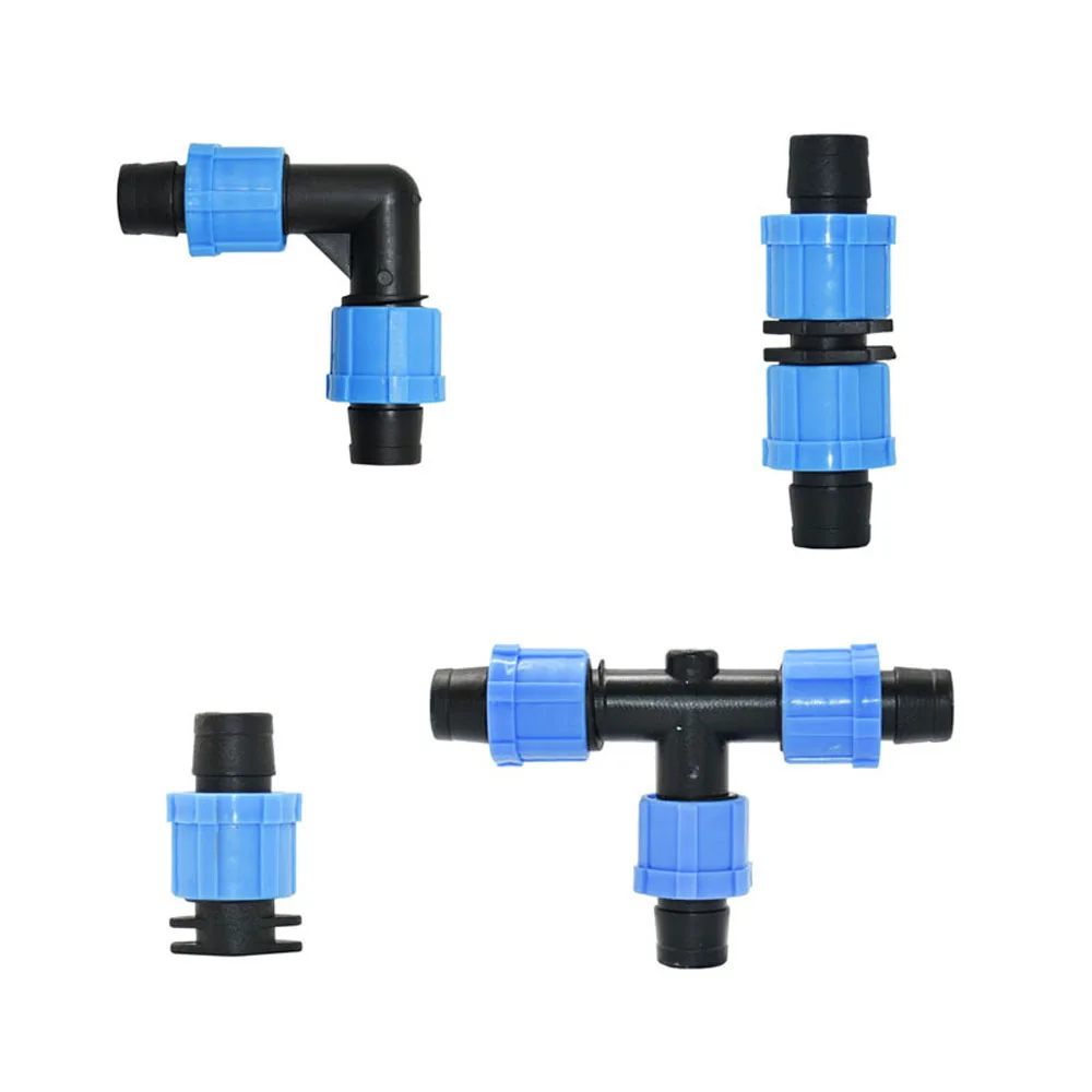 Accesorios de cinta de goteo de riego de 5/8 "y 16mm, tapón de extremo de codo en T, conectores rectos, tuerca de bloqueo, manguera, divisor de agua para invernadero de granja