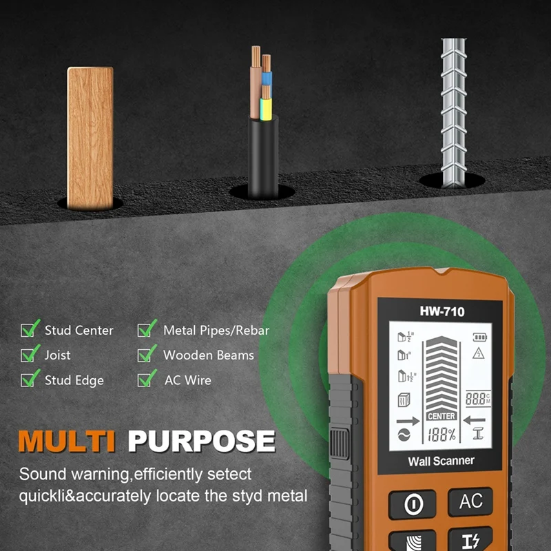 ผนังเครื่องตรวจจับโลหะความลึก Wall STUD Finder โลหะไม้ Studs แรงดันไฟฟ้า AC Live Wire ตรวจจับเครื่องสแกนผนังไฟฟ้ากล่อง Finder