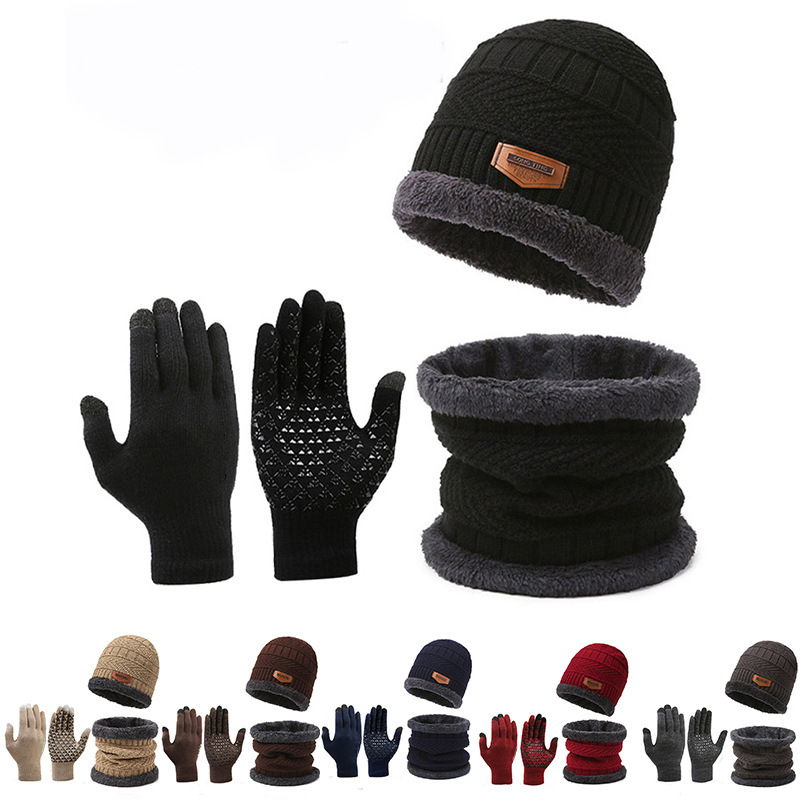 3Pcs Winter Fleece Thicken Windproof Hat Gloves Scarf Set Plush Warm Wool Knit Beanies for Men And Women