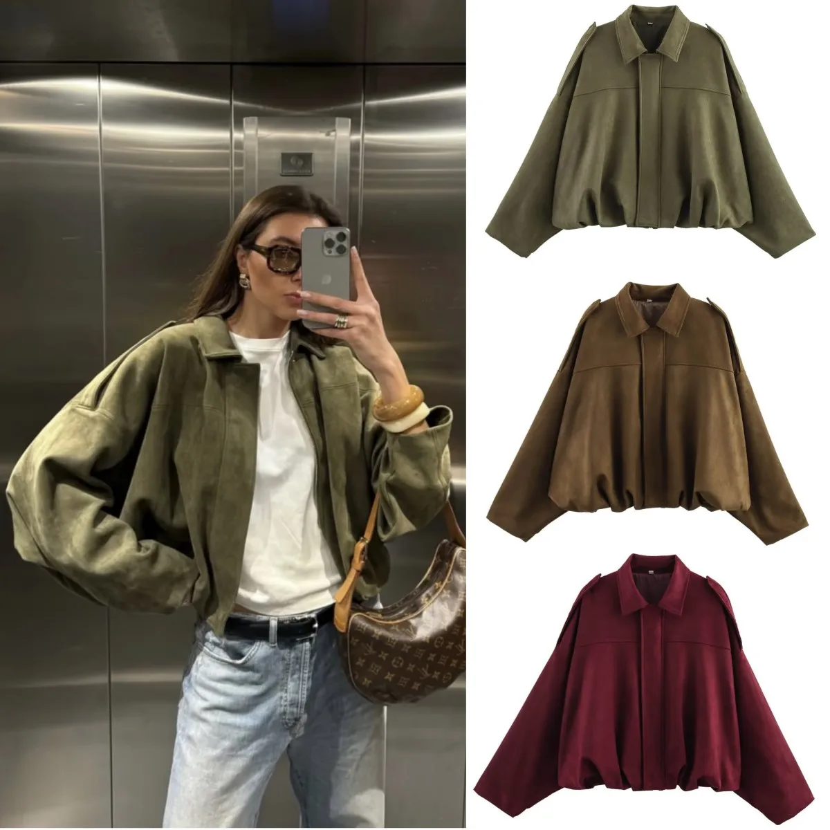 ETJ 2025 primavera nuevo efecto de textura de gamuza para mujer versión suelta de chaqueta bomber de hombro con solapa a la moda