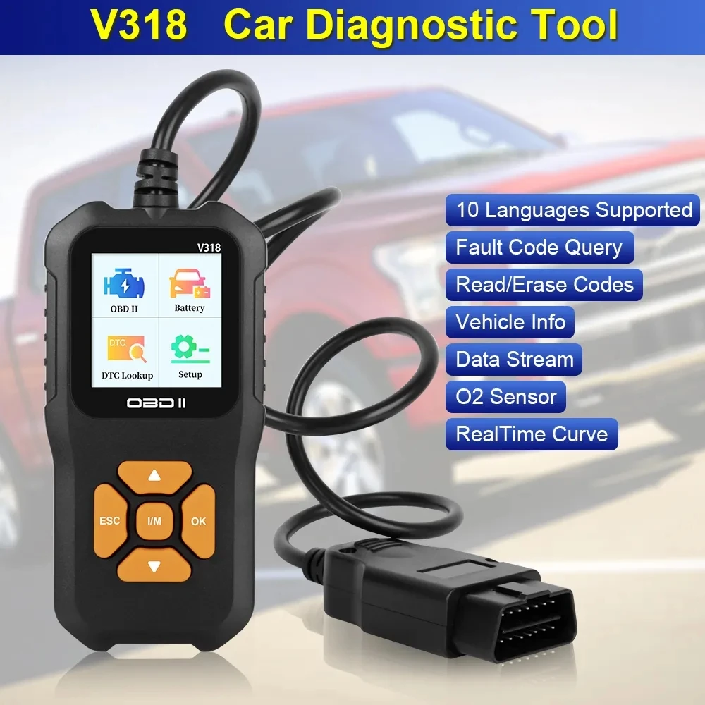Escáner V318 OBD2, instrumento de diagnóstico de fallos de coche, lectura del motor, clarear la malfunción del motor, herramientas mecánicas de luz, 10 idiomas