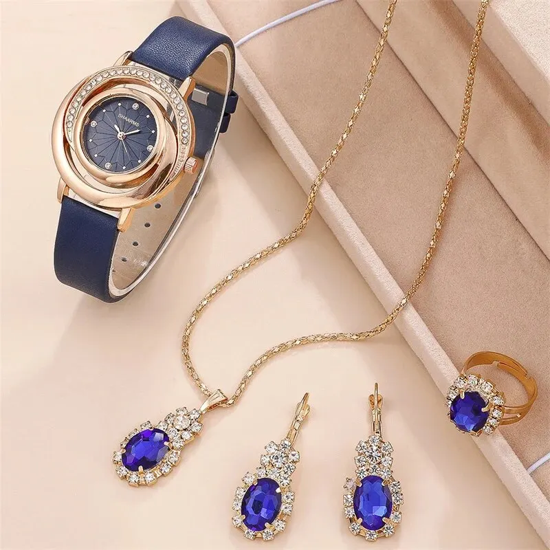 Juego de 5 piezas de reloj de lujo para mujer, anillo, collar, pendientes, diamantes de imitación, reloj de pulsera informal para mujer