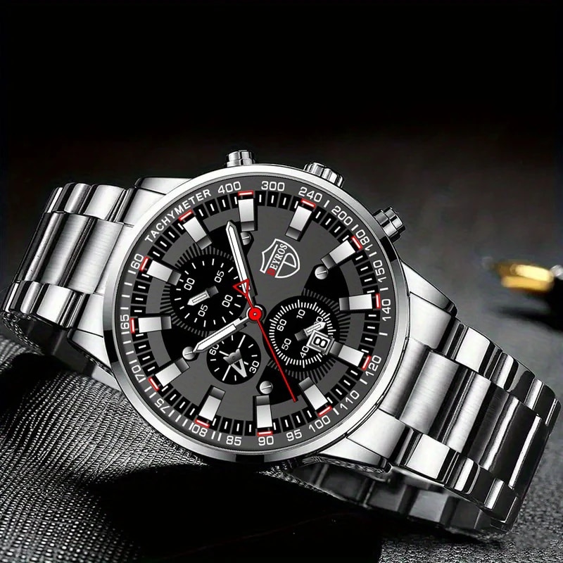 3 ชิ้น DEYROS แฟชั่นบุรุษปฏิทินนาฬิกาหรูหราชายสแตนเลสควอตซ์นาฬิกาข้อมือผู้ชายสร้อยข้อมือสร้อยคอนาฬิกาข้อมือ