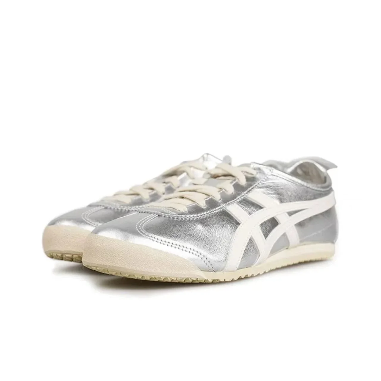 Asics Onitsuka Tiger MEXICO 66 Original รองเท้า Classic Tiger Onitsuka ผู้หญิงผู้ชายรองเท้าผ้าใบน้ําหนักเบาเงินสีขาว