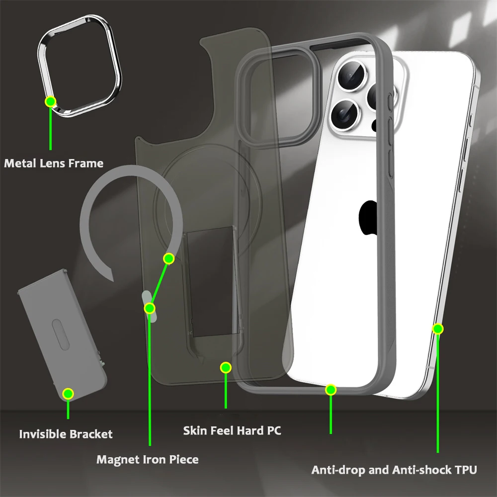 Funda de teléfono magnética con soporte plegable Magsafe de lujo para iPhone 16 15 14 Plus 13 12 11 Pro Max, tapas traseras translúcidas mate