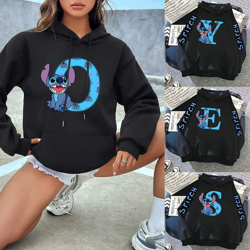 2024 Damen-Winterjacke, süß, Kawaii, Disney Lilo & Stitch, glücklicher Briefdruck, schwarzer Kapuzenpullover, modisches Paar, Streetwear, Sportbekleidung