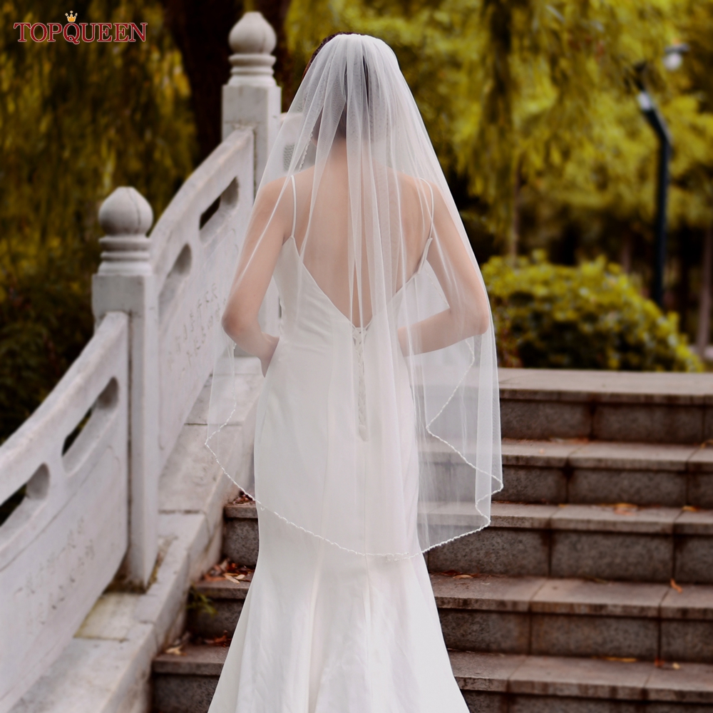 TOPQUEEN V107 Long Bridal Veils Crystal Beaded Wedding Veil With Crystal Edge 1 Tier Super Soft Bride To Be Veil Short