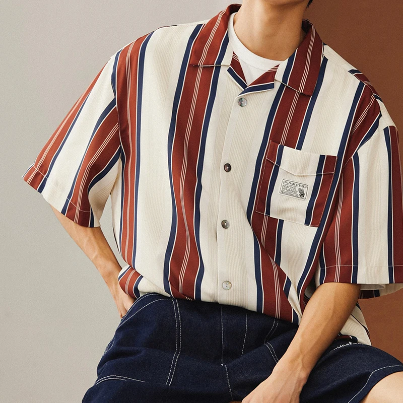 Vintage Turn-down Collar Buttoned Mens Shirt Fashion Striped Printing Short Sleeve Loose Shirts Summer Men Oversize Casual Shirt